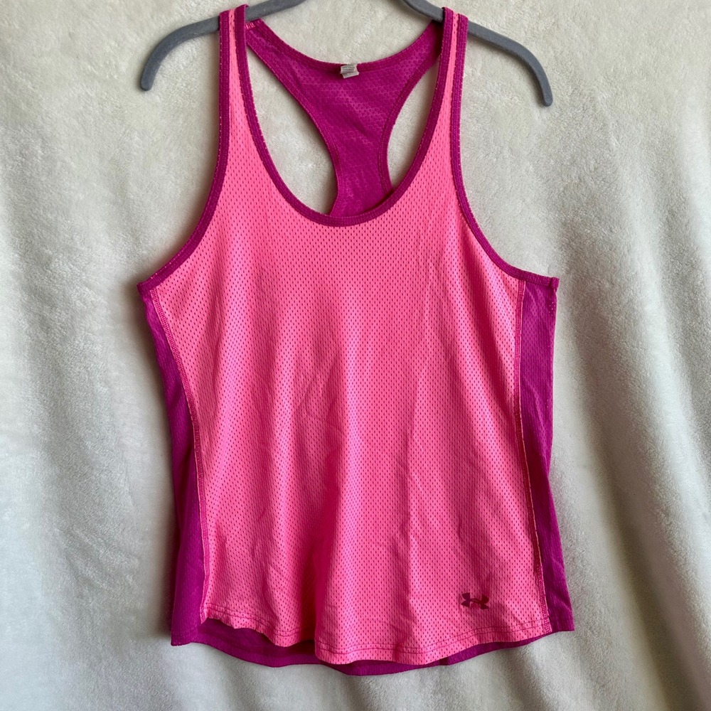 Under Armour HeatGear Pink Mesh Racerback Running Tank Top Women's Size Large‎